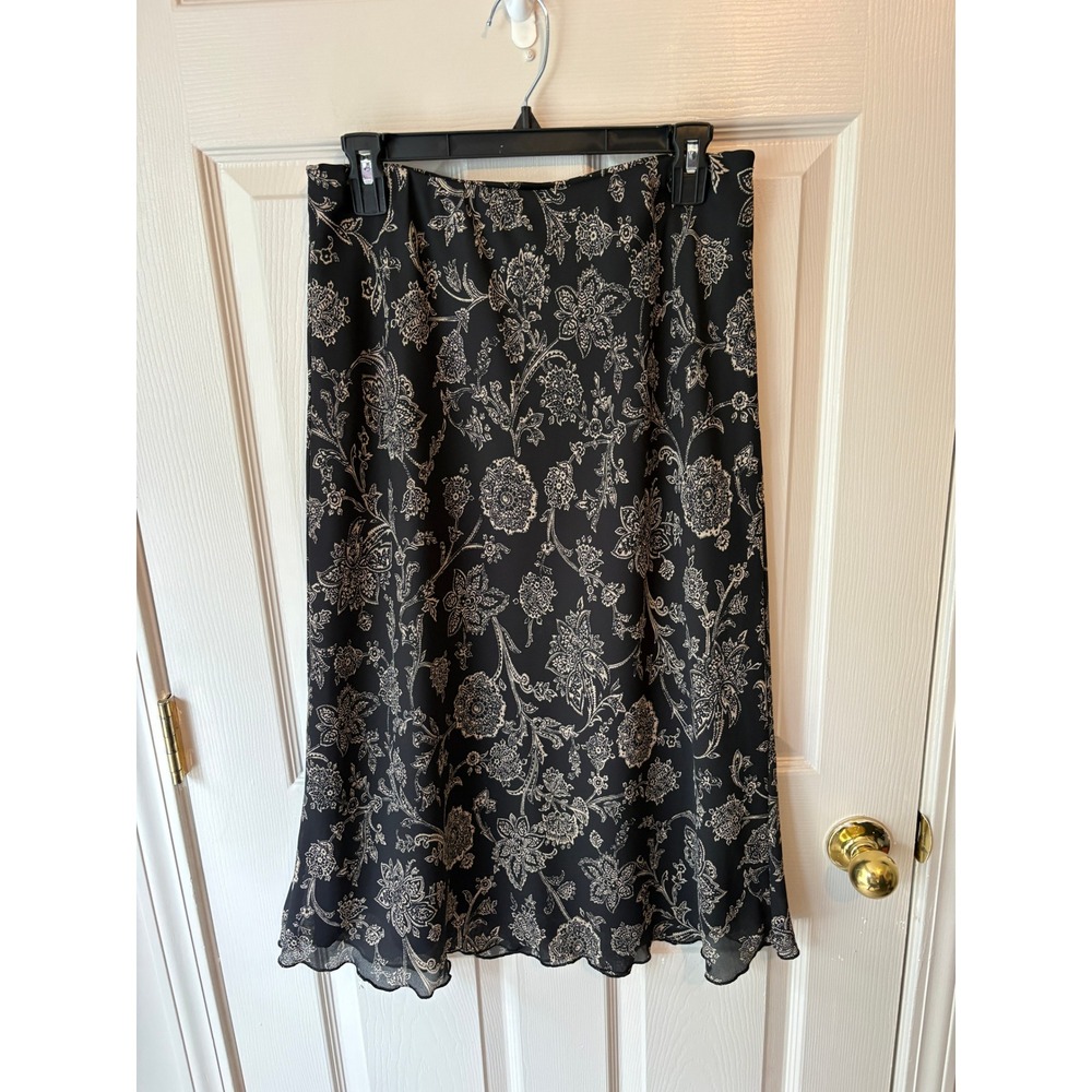VTG Cottagecore Fall Floral Midi Skirt Black Cream Paisley Size 12 Vintage